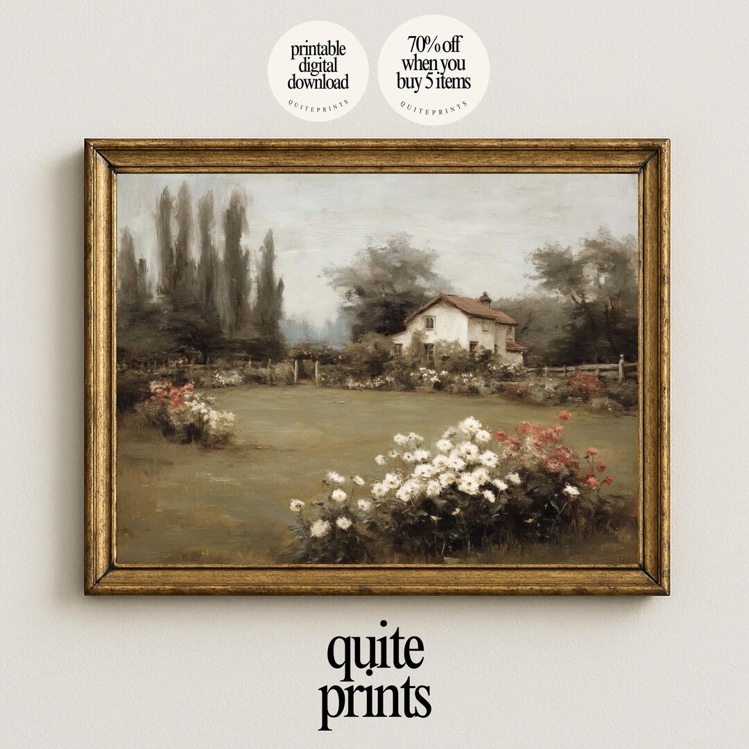 Vintage Cottage Garden Oil Painting – Country Landscape Art (printable ...