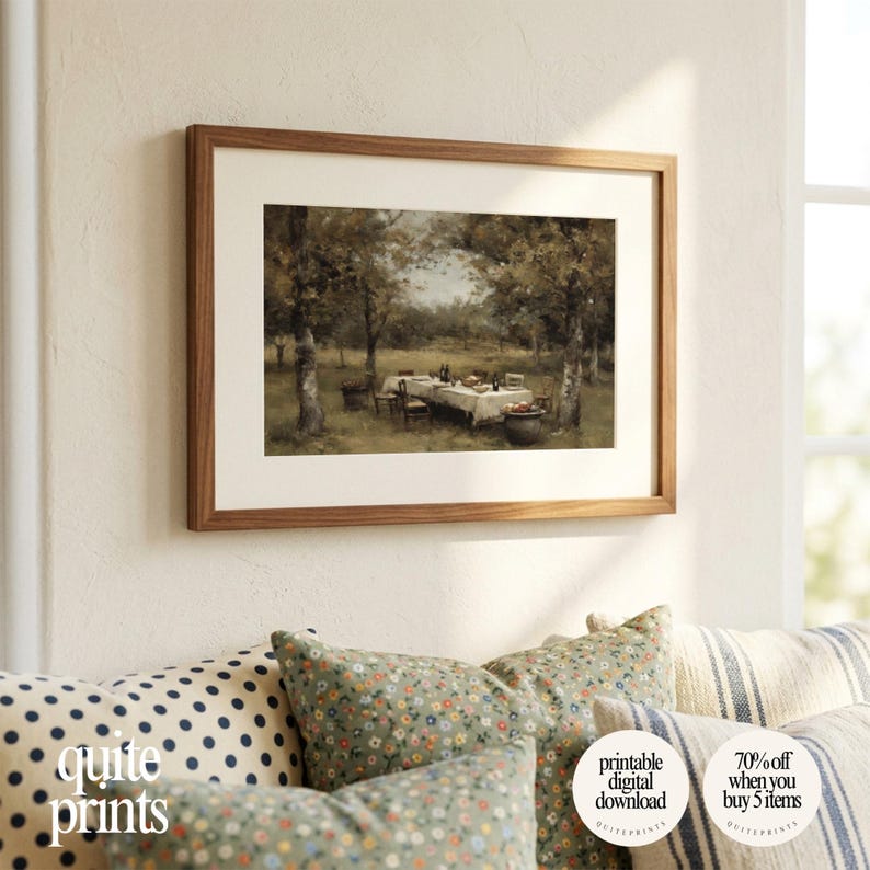 Printable Vintage Garden Dining Table Painting wall art in cozy living room | Digital download artwork framed above sofa | Vintage house wall decor with Soft tones