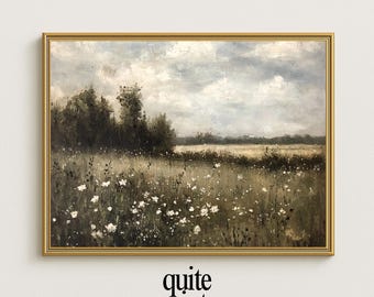 Peut inclure: Peinture de paysage encadrée dans un cadre doré. L'œuvre représente un champ de fleurs sauvages avec une forêt en arrière-plan sous un ciel nuageux. Le texte "quite prints" est en bas.