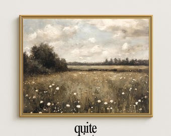 Peut inclure: Peinture de paysage encadrée représentant un champ de fleurs sauvages sous un ciel nuageux. L'œuvre d'art présente un cadre doré et une palette de couleurs sourdes de verts, de bruns et de blancs. Le texte "quite prints" est en bas.