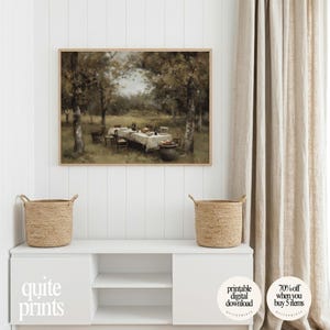 Printable Vintage Garden Dining Table Painting wall art in cozy living room | Digital download artwork framed above wooden furniture | Vintage house wall decor with Soft tones
