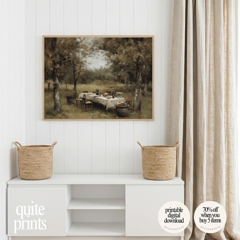 Printable Vintage Garden Dining Table Painting wall art in cozy living room | Digital download artwork framed above wooden furniture | Vintage house wall decor with Soft tones