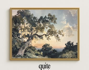 Pintura de paisaje vintage al atardecer: Arte natural de la hora dorada (Descarga digital)