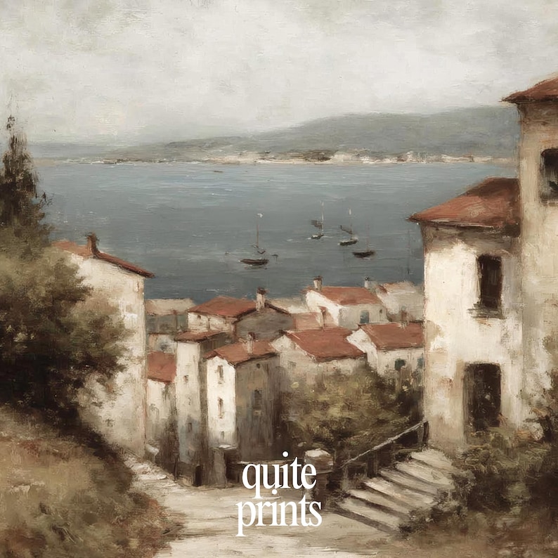 Close up of printable wall art featuring Tuscan Countryside Oil Painting | Neutral Soft tones | Digital download artwork for Vintage house decor
