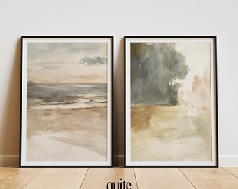 Abstract Coastal Watercolor Set of 2 Printable | Neutral Landscape Diptych Wall Art (Digital Download)
