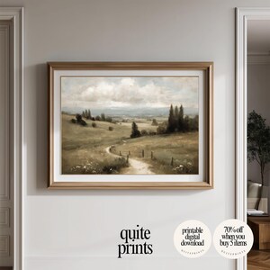 Printable Vintage Botanical Meadow Oil Painting wall art in a corridor near a living room | Digital download artwork framed in the wall | Vintage house wall decor with Soft tones