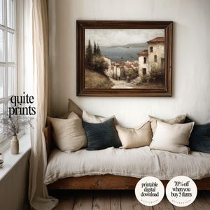 Rustic wooden frame with printable Tuscan Countryside Oil Painting wall art above a sofa and near a window | Digital download artwork with Soft tones | Vintage house wall decor