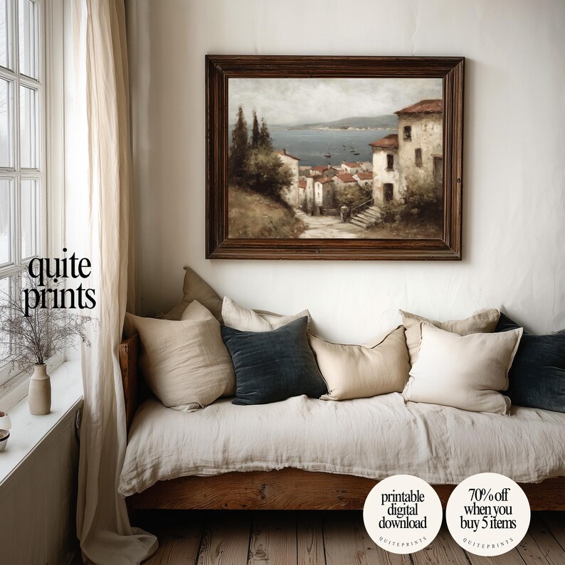 Rustic wooden frame with printable Tuscan Countryside Oil Painting wall art above a sofa and near a window | Digital download artwork with Soft tones | Vintage house wall decor