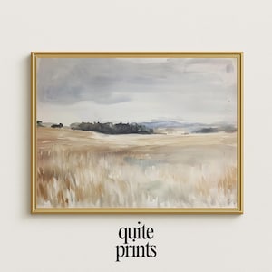 Vintage Farmhouse Landscape Print: Neutral Countryside Watercolor (Digital Download