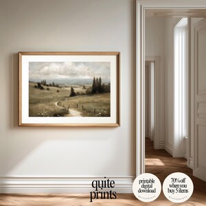 Printable Vintage Botanical Meadow Oil Painting wall art in a wall of an empty living room | Digital download artwork framed in the wall | Vintage house wall decor with Soft tones