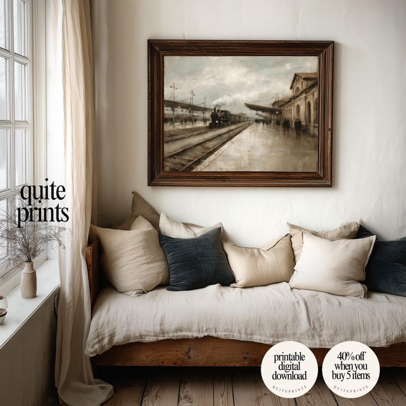 Pintura al óleo de una estación de tren de vapor vintage / Arte mural ...