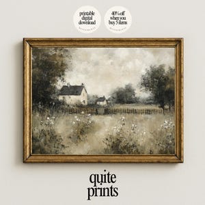May include: A framed landscape painting in sepia tones depicts a rural scene with a farmhouse, trees, and a field. The artwork has a gold-colored frame and the text "quite prints" at the bottom.