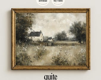 Può includere: Un dipinto di paesaggio incorniciato in tonalità seppia raffigurante una scena rurale con una fattoria, alberi e un campo. L'opera d'arte ha una cornice color oro e il testo "quite prints" in basso.