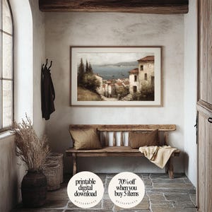 Printable Tuscan Countryside Oil Painting wall art framed in rustic entryway | Digital download poster with Soft tones | Vintage house wall decor