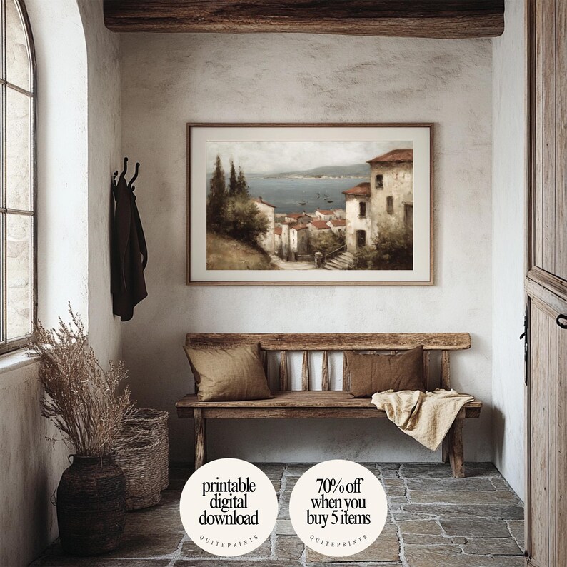 Printable Tuscan Countryside Oil Painting wall art framed in rustic entryway | Digital download poster with Soft tones | Vintage house wall decor