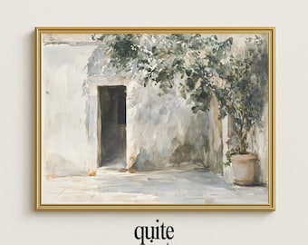 Mediterranean Courtyard Print: Vintage Potted Plant Scene (Digital Download