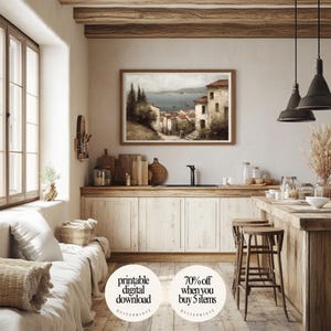 Rustic kitchen wall decor with printable Tuscan Countryside Oil Painting artwork | Digital download wall art framed on wall above wooden counter | Neutral Vintage house design
