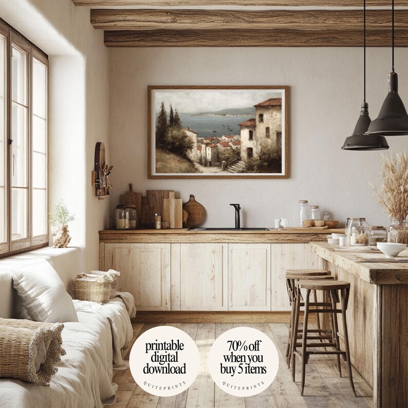 Rustic kitchen wall decor with printable Tuscan Countryside Oil Painting artwork | Digital download wall art framed on wall above wooden counter | Neutral Vintage house design