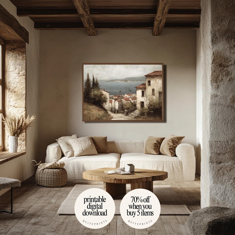 Printable Tuscan Countryside Oil Painting wall art in cozy living room | Digital download artwork framed above sofa | Vintage house wall decor with Soft tones