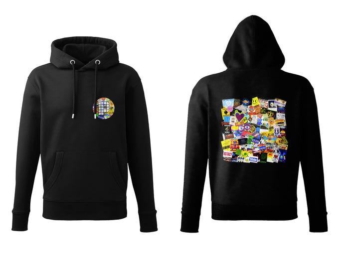 Acid House Flyer Collage Hoodie, Organic Cotton Back Print