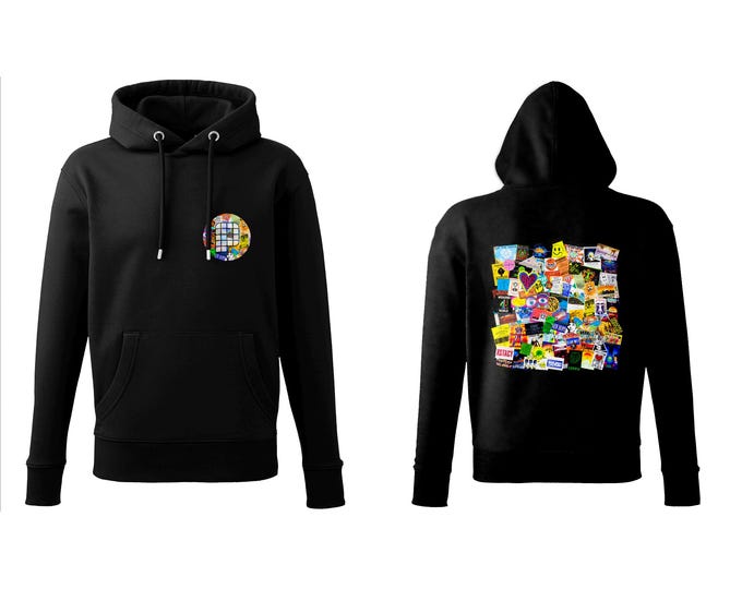 Phatmedia 88 89 Acid House Flyer Collage Back Print with Chest Logo on Premium Organic Hoodie
