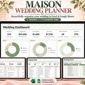 Puede incluir: Una plantilla de planificador de bodas digital para Excel y Google Sheets titulada Maison Wedding Planner. La interfaz muestra un panel de control de bodas, seguimiento de presupuesto, lista de invitados y plano de asientos.