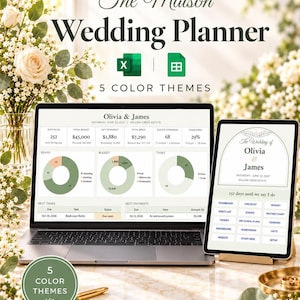 Spreadsheet voor het plannen van een bruiloft, Excel & Google Sheets, budgettracker voor bruiloften, gastenlijst, plattegrond, locatievergelijking, 5 thema's