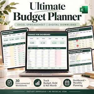 May include: A digital Ultimate Budget Planner Excel spreadsheet displayed on a laptop screen and tablets. The interface features a Finance Hub Dashboard, January Budget, Debt Calculator, and Investment Forecast with financial data tables.