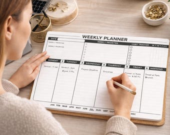 May include: A white weekly planner with black text, including the words "WEEKLY PLANNER" and daily sections. The planner is on a corkboard base. A person is writing on the planner with a pencil. A gold pen is on the right.