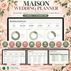 Wedding Planner Spreadsheet, Excel & Google Sheets Wedding Budget Tracker, Guest List, Seating Chart, Venue Comparison, 5 Themes