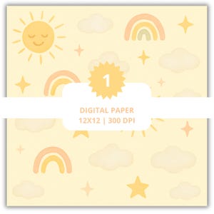 Sun Rainbow Cloud digitaal papier – 12 x 12 zachte aquarel hemelachtergrond voor scrapbooking, knutselen, tijdschriften en stickers