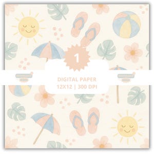 Summer Fun Seamless Pattern – Watercolor Digital Paper for Scrapbooking, Invitations, and Sublimation Projects – 12x12 Pastel Beach Pattern