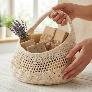 Puede incluir: Una cesta de ganchillo de color crema llena de jabones naturales, un regalo envuelto y ramitas de lavanda. La cesta tiene forma redondeada con un asa y la sostiene una persona. Los jabones son de color marrón claro y el regalo está envuelto en papel marrón.