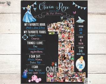 CINDERELLA thema verjaardag decor, Assepoester schoolbord teken, een jaar schoolbord, 1e verjaardag Assepoester Party decor