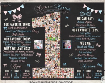 Bows and Bowties Birthday Photo Collage, 1st Birthday Poster, Monthly Milestones, Baby First Year Photo