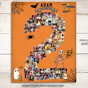Letrero de CUMPLEAÑOS DE HALLOWEEN, pizarra de cumpleaños, letrero de pizarra de primer cumpleaños, collage de cualquier número, decoración de fiesta de cumpleaños de Halloween