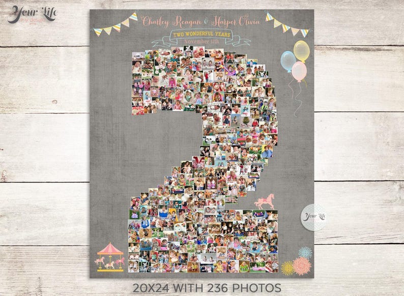 CAROUSEL CARNIVAL Birthday Photo Collage, Two Year Chalkboard, 2nd Birthday Poster, Number Photo Collages, Carousel Carnival Party Decor imagen 1