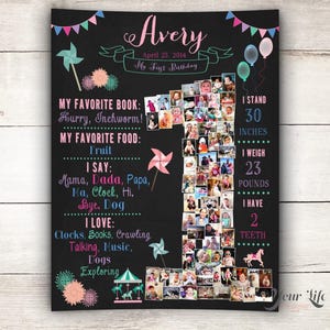 CARNAVAL Y PINWHEELS - Póster de primer año en color verde azulado, pizarra de primer año, póster de primer cumpleaños, collages de fotos con números, decoración para fiesta de carnaval