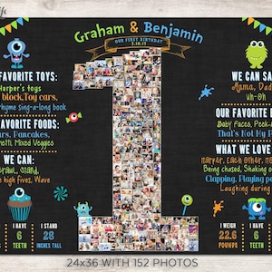 Collage de fotos del primer cumpleaños de Little Monsters, fiesta de monstruos, tablero de cumpleaños de gemelos, collage de fotos del primer año, póster del primer año del bebé