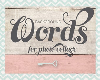 Może przedstawiać: Cyfrowe tło z tekstem "Words for photo collage" w szarym, ozdobnym kroju pisma na jasnym drewnianym tle. Tło jest podzielone na dwie sekcje, górna sekcja jest jasnym drewnem, a dolna sekcja jest różowa. Mały, szary klucz z sercowatym otworem na klucz znajduje się w dolnej sekcji.