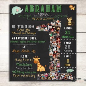 ZOO Animals Birthday Photo Collage, First Year Photo Collage, 1st Birthday Chalkboard, Baby First Year Poster, Zoo Animals Party Decor