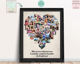 Hart fotocollagesjabloon voor canva, INSTANT DOWNLOAD, bewerkbare fotocollagesjabloon, DIY hartvorm collagesjabloon 47 foto's