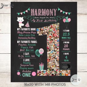 CATS Theme Birthday Decor, Pink and Green Chalkboard Sign, One Year Chalkboard, 1st Birthday Cats Party Decor