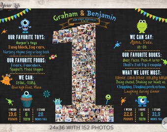 Little Monsters 1st Birthday Photo Collage, Monster party, Twins Birthday Board, First Year Photo Collage, Baby First Year Poster