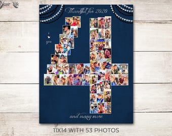 May include: A dark blue photo collage poster featuring the text Thankful for 2020 and and many more. The photos are arranged to form the number 4. The design includes white heart bunting at the top and the text i love you. It measures 11x14 inches.