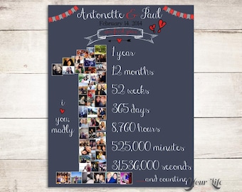 May include: A dark grey anniversary poster featuring a large number one composed of small photographs. The text reads Antonette & Paul, February 14, 2014, 1 year, 12 months, 52 weeks, 365 days, 8,760 hours, 525,000 minutes, 31,536,000 seconds, and counting.