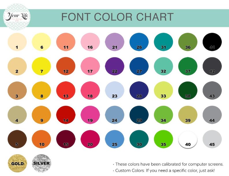 The image is a color chart that displays various font colors, likely used for computer screens. The chart includes a list of font colors and their corresponding numbers, along with a gold, silver, and white color. The colors are arranged in a grid format, with each row representing a different font color and each column representing a different number. The chart provides a visual representation of the different font color options available for computer screens.