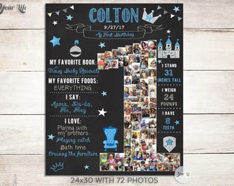 Collage de fotos de cumpleaños de príncipe, póster del primer año del bebé, collages de fotos con números, collage de fotos del primer año, decoración para la fiesta del pequeño príncipe
