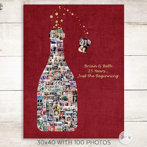 25th Wedding Anniversary Gift,  25th Silver Anniversary Gift, Champagne Bottle Photo Collage, 25th Anniversary Photo Gift