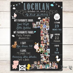 FARM Animals Birthday Photo Collage, 1st Birthday Poster, Number Photo collages, Baby PhotoPoster, Farm Animals Party, Old MacDonald Farm